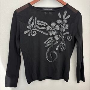 Y2K 90s Vintage Mesh Black Top 3D Floral Rhinestones Grunge Fairycore Sz S